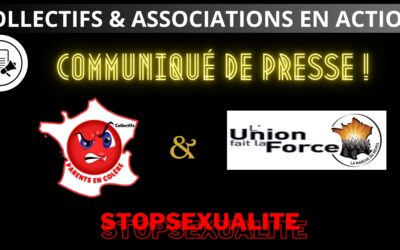 Communiqué des collectifs Parents En Colère et de l’association l’Union Fait La Force 88 : une famille porte plainte pour tentative de corruption de mineurs  contre les responsables de la fameuse séance d’Éducation à la Vie Relationnelle, Affective et Sexuelle, ayant eu lieu au collège Jules Ferry à Tours (37), ainsi que tentative de subornation de témoin. Plainte contre X ouverte à toutes les personnes directement impliquées.