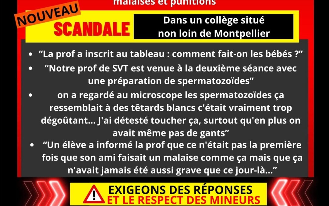 Séances d’EVARS en SVT pour des 6èmes : observation de spermatozoïdes et autres, les élèves dégoûtés et choqués, malaises et punitions dans le 34
