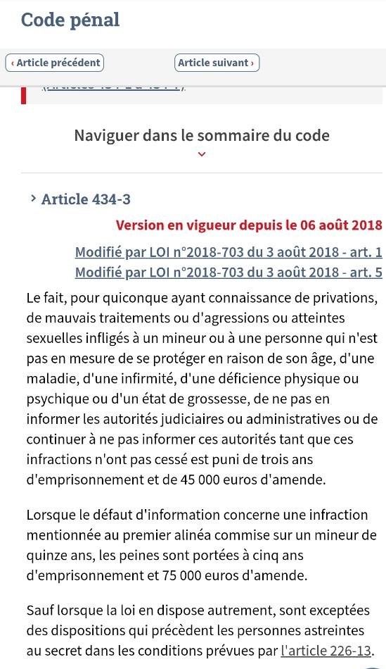 Rappel loi art 434-3